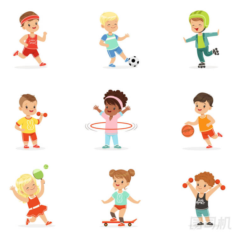 體育游戲和享受不同體育鍛煉，戶外和在健身房很小的孩子設(shè)置的卡通插圖
