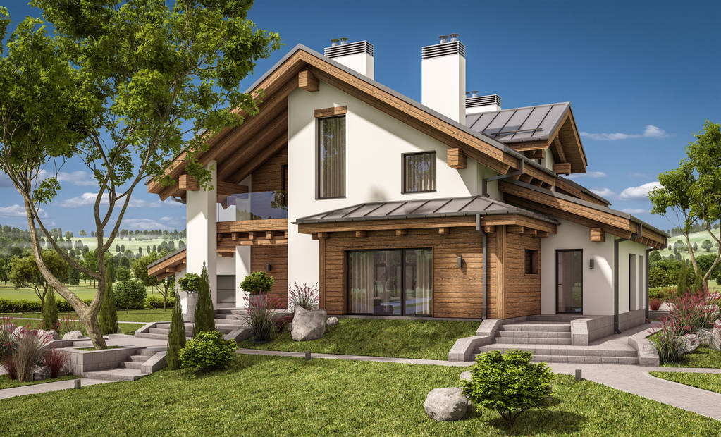 现代的房子在夜间的 3d 渲染 现代的房子在夜间的 3d 渲染