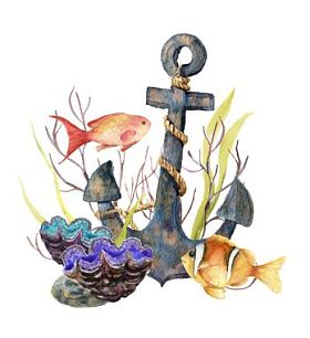水彩的热带海卡。手绘热带鱼、 古锚、 海葵、 海藻、 珊瑚孤立在白色背景上。水下插图设计、 织物或打印