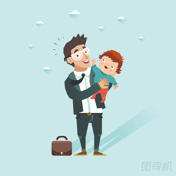 抱着婴儿的商人。快乐的人，穿着带着儿子。父亲回到家后工作和双手的时候，带孩子。矢量图在平面样式