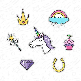 时尚贴纸包与神奇独角兽、 彩虹、 钻石、 皇冠、 魔杖、 capkake 和马蹄