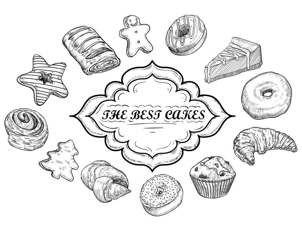 手绘矢量插画-收集糖果、 糖果、 糕点和糕点。糖果和糕点店的素描样式中的设计元素 手绘矢量插画-收集糖果、 糖果、 糕点和糕点。糖果和糕点店的素描样式中的设计元素