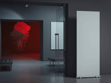 白卷起橫幅在入口處。3d 渲染