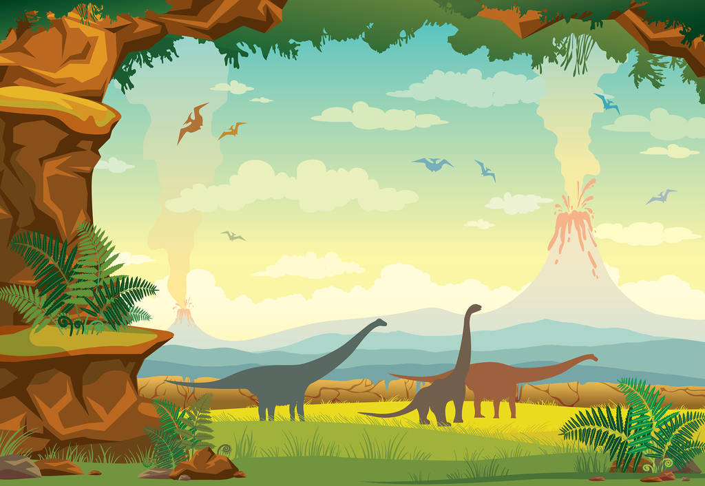 与恐龙、 火山和蕨类植物的史前景