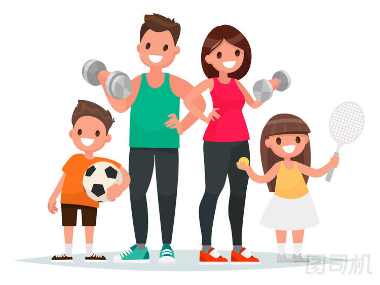 體育家庭。父親、 母親、 兒子和女兒帶領(lǐng)健康生活