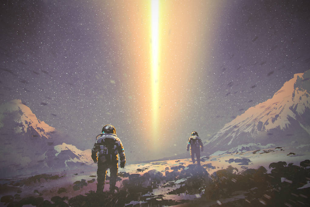 宇航员走到神秘光梁从天空