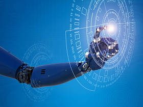 机器人手和虚拟图形一起工作图片