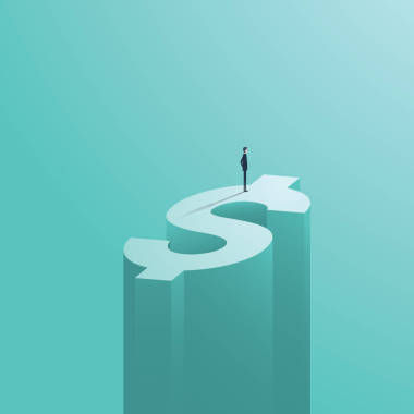 站在高大的美元貨幣符號作為商業(yè)投資或風(fēng)險的象征的商人。銀行、 金融、 貿(mào)易符號