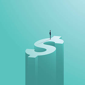 站在高大的美元货币符号作为商业投资或风险的象征的商人。银行、 金融、 贸易符号