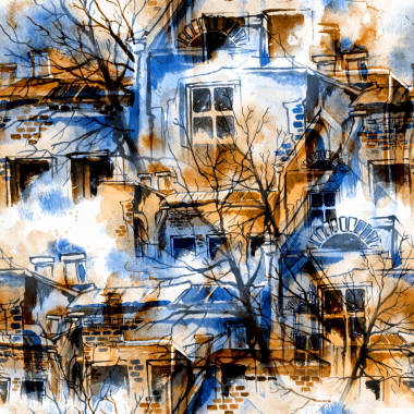 春天，天空，樹(shù)木，房屋圖片