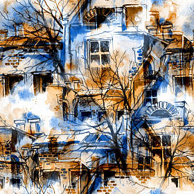 春天，天空，树木，房屋图片