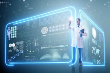 醫(yī)生在未來的醫(yī)學(xué)概念按下按鈕