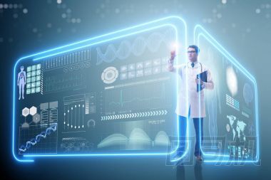 醫(yī)生在未來的醫(yī)學概念按下按鈕