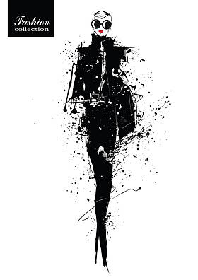 在素描风格的时尚女孩。复古海报