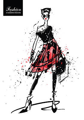 在素描风格的时尚女孩。复古海报