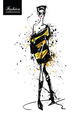 在素描风格的时尚女孩。复古海报