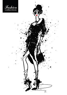 在素描风格的时尚女孩。复古海报