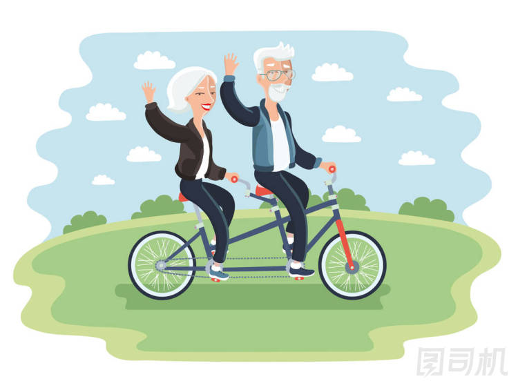 老年夫婦騎一輛自行車