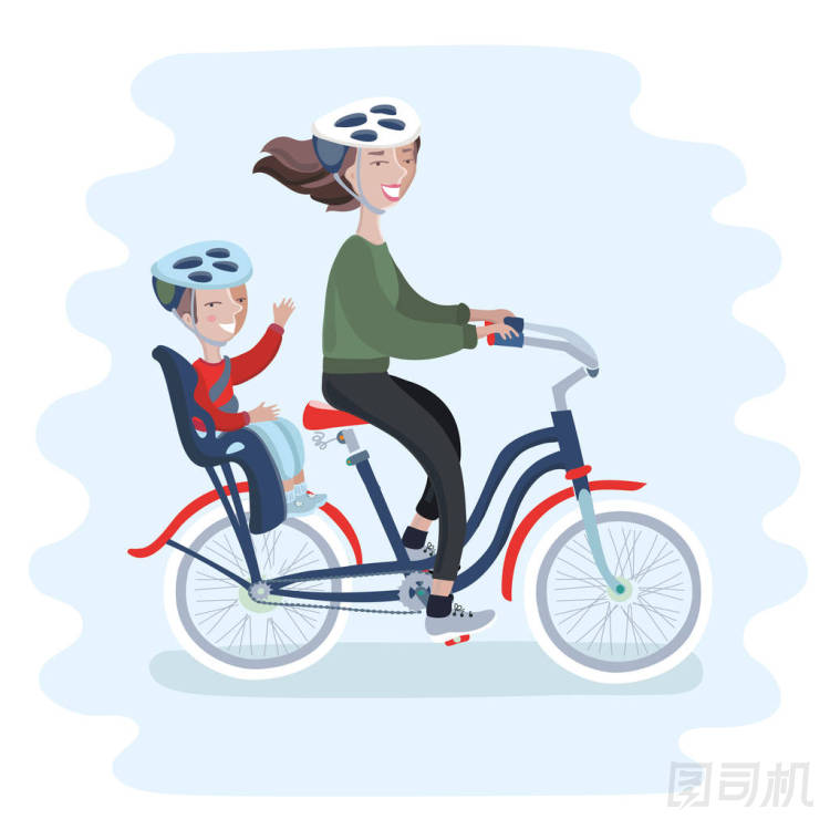 在自然背景騎自行車帶著可愛的嬰兒的年輕女人。母親節(jié)的慶祝的矢量圖