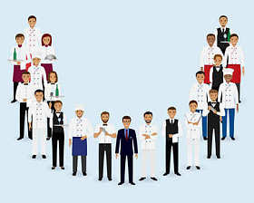 餐厅的团队。组经理厨师服务员调酒师站在一起的