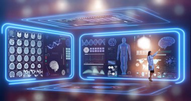 在未来的医学概念的女医生 在未来的医学概念的女医生