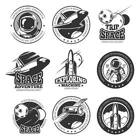 老式的空间，航天，穿梭飞行矢量标签、 标志、 徽章徽章