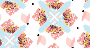 手工制作抽象質(zhì)感時(shí)尚創(chuàng)意拼貼無(wú)縫模式分離與不同的紋理和形狀的白色背景上的花卉圖案。現(xiàn)代平面設(shè)計(jì)。不尋常的圖稿