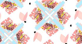 手工制作抽象质感时尚创意拼贴无缝模式分离与不同的纹理和形状的白色背景上的花卉图案。现代平面设计。不寻常的图稿