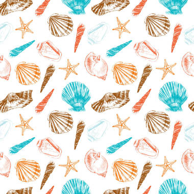 無(wú)縫模式水下藝術(shù)海洋彩色紋理、 蝕刻素描白色背景，賀卡、 裝飾紡織、 水面料，設(shè)計(jì)一個(gè)孤立的貝殼手繪墨壁紙