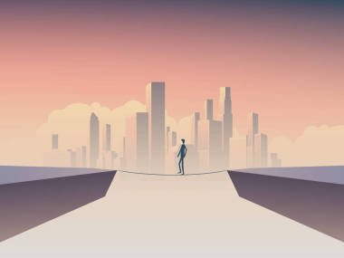 商人走在鋼絲繩，鋼絲作為業(yè)務(wù)風(fēng)險、 風(fēng)險、 挑戰(zhàn)的象