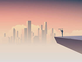 企业愿景或有远见概念与商人站在悬崖上，看单目在公司的天际线景