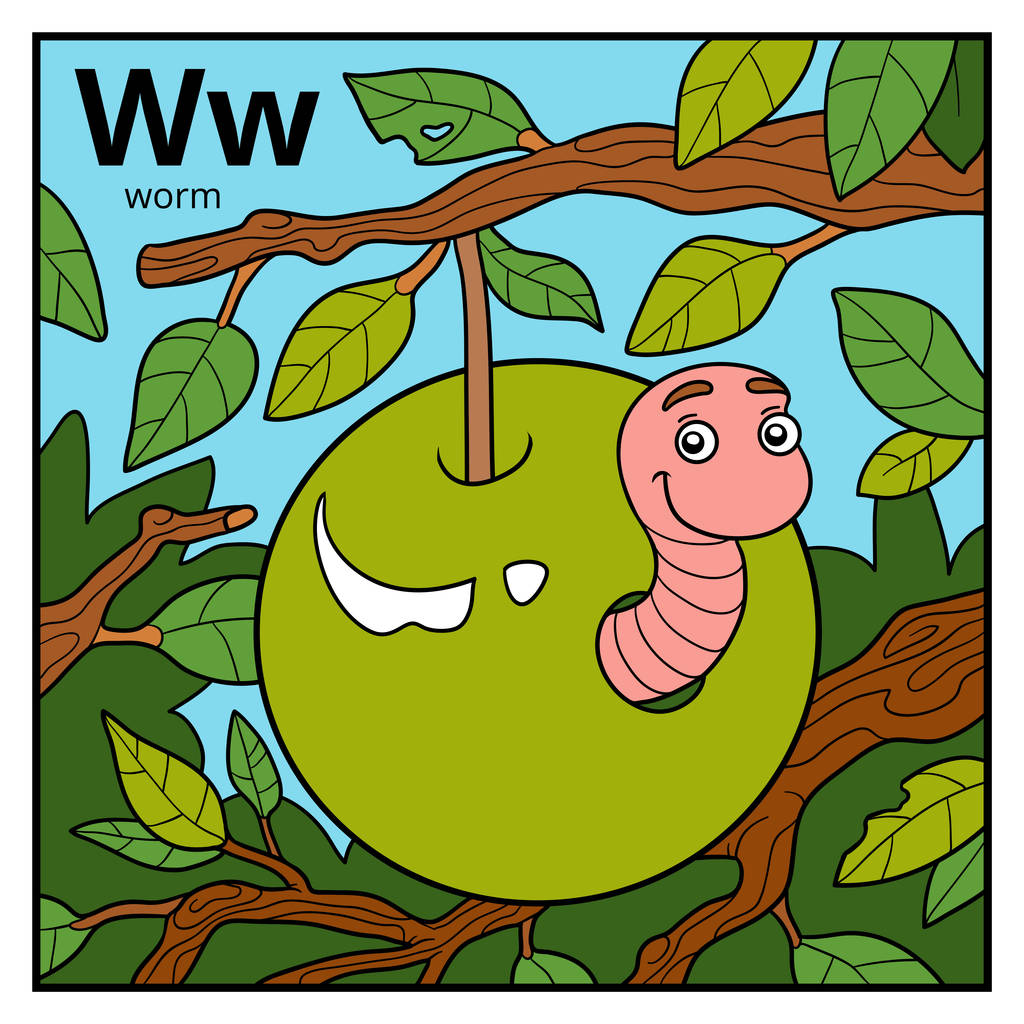 彩色字母儿童，字母 W (worm)