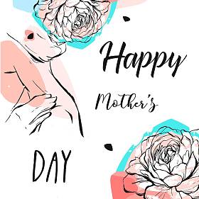 手绘矢量抽象贺卡与快乐母亲一天书法和女人图与抽象花在柔和的颜色，白色背景上孤立