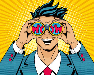 哇波普藝術(shù)的人。年輕的微笑銘文魔獸世界反射在他手里拿著雙筒望遠(yuǎn)鏡吃驚穿著西裝的男人。矢量圖在復(fù)古的喜劇風(fēng)格。多彩的波普藝術(shù)背景