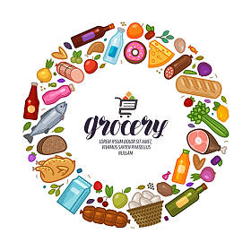 杂货店里，横幅。食品、 饮料设置的图标。矢量图