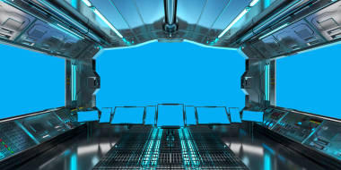 宇宙飞船的内部与上蓝色 windows 3d 渲染视图