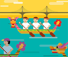 平面设计风格桥后方划龙舟