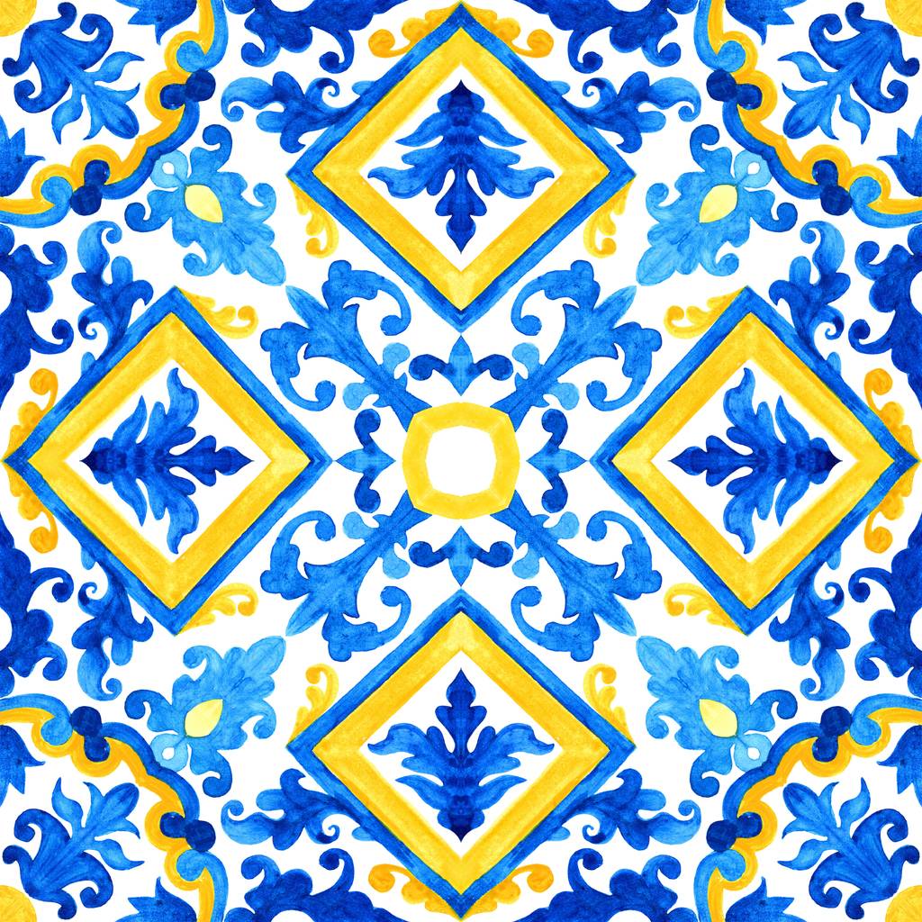 葡萄牙 azulejo 瓷砖。水彩的无缝模式