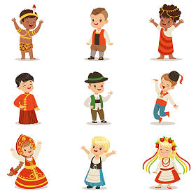 孩子们穿着民族服装的不同国家所制定的可爱男孩和女孩在衣服代表国籍