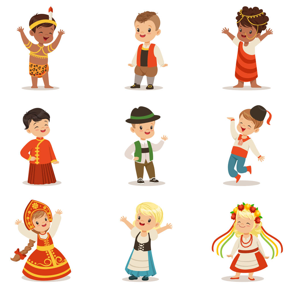 孩子们穿着民族服装的不同国家所制定的可爱男孩和女孩在衣服代表国籍