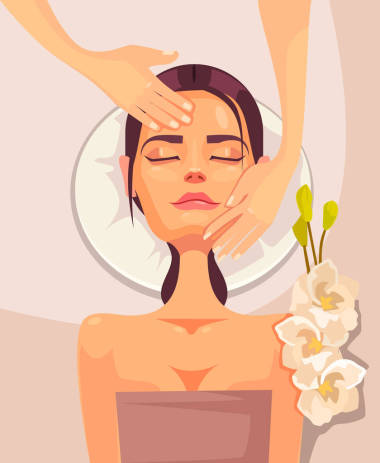 快樂的微笑年輕女人性格有抗衰老的美容沙龍 spa 按摩。矢量平面卡通插畫