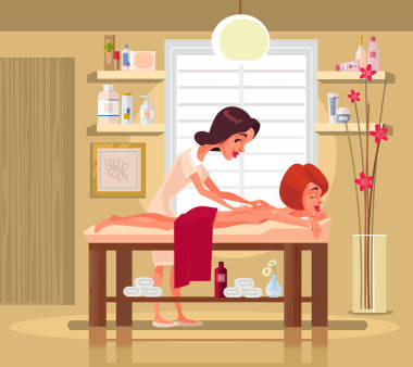 按摩治療師專業(yè)女人性格對幸福微笑的女人做了異國情調(diào)的按摩。矢量平面卡通插畫