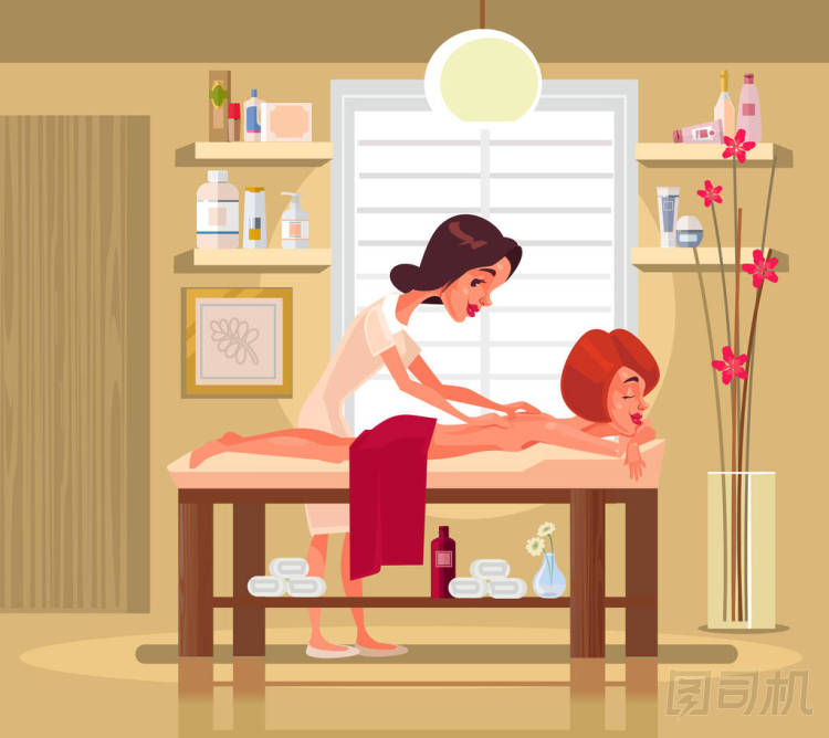 按摩治療師專業(yè)女人性格對幸福微笑的女人做了異國情調(diào)的按摩。矢量平面卡通插畫