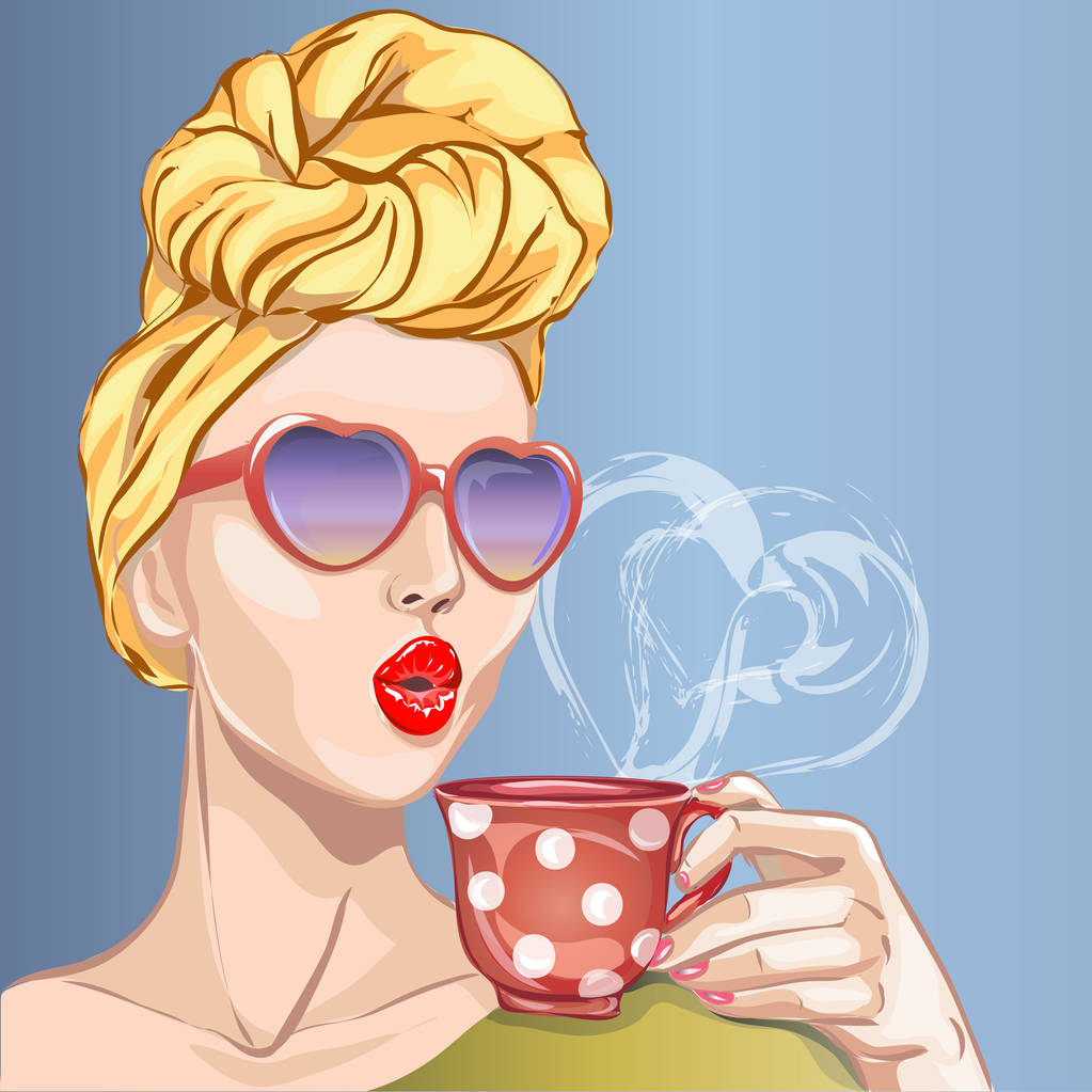 炙手可热的风格性感女人与早晨喝杯茶。波普艺术的女孩,心太阳镜,头缠头巾矢量 炙手可热的风格性感女人与早晨喝杯茶。波普艺术的女孩,心太阳镜,头缠头巾矢量