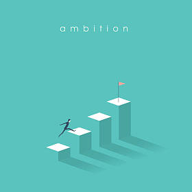 野心矢量概念与商人跳上图列。成功、 成果、 动机商业符号