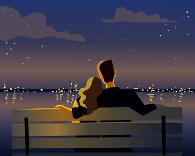 对夫妇坐在长椅上，看一看