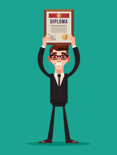 快樂微笑的商人辦公室工人性格持有文憑。矢量平面卡通插畫