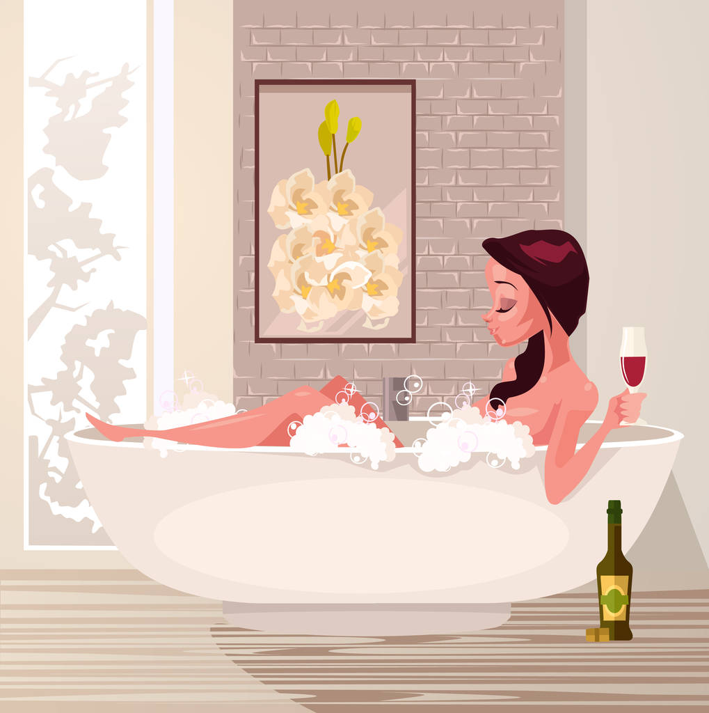 快乐微笑女人性格以浴放松和饮料酒。矢量平面卡通插画 快乐微笑女人性格以浴放松和饮料酒。矢量平面卡通插画