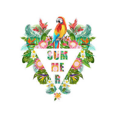 熱帶花卉和鸚鵡鳥背景。夏天的設計。矢量。T 恤時尚圖形。異國情調(diào)
