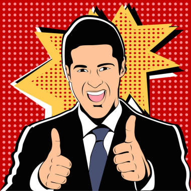 成功的商人放棄在老式的波普藝術(shù)漫畫風(fēng)格的拇指。喜歡和正面的感覺。好的姿態(tài)，同意和微笑，手指協(xié)議，矢量圖